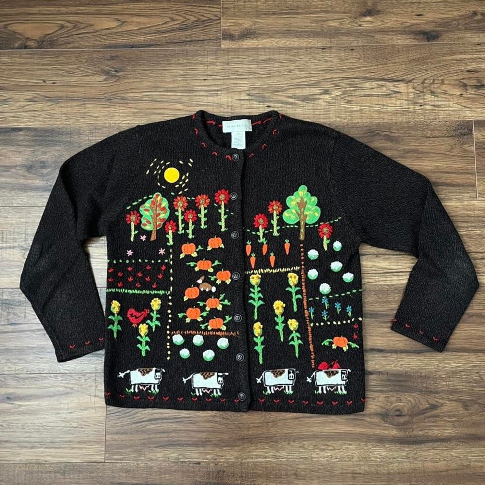 Vintage Susan‎ Bristol Hand Embroidered Folk Art Cardigan Women M Farm Cottage
